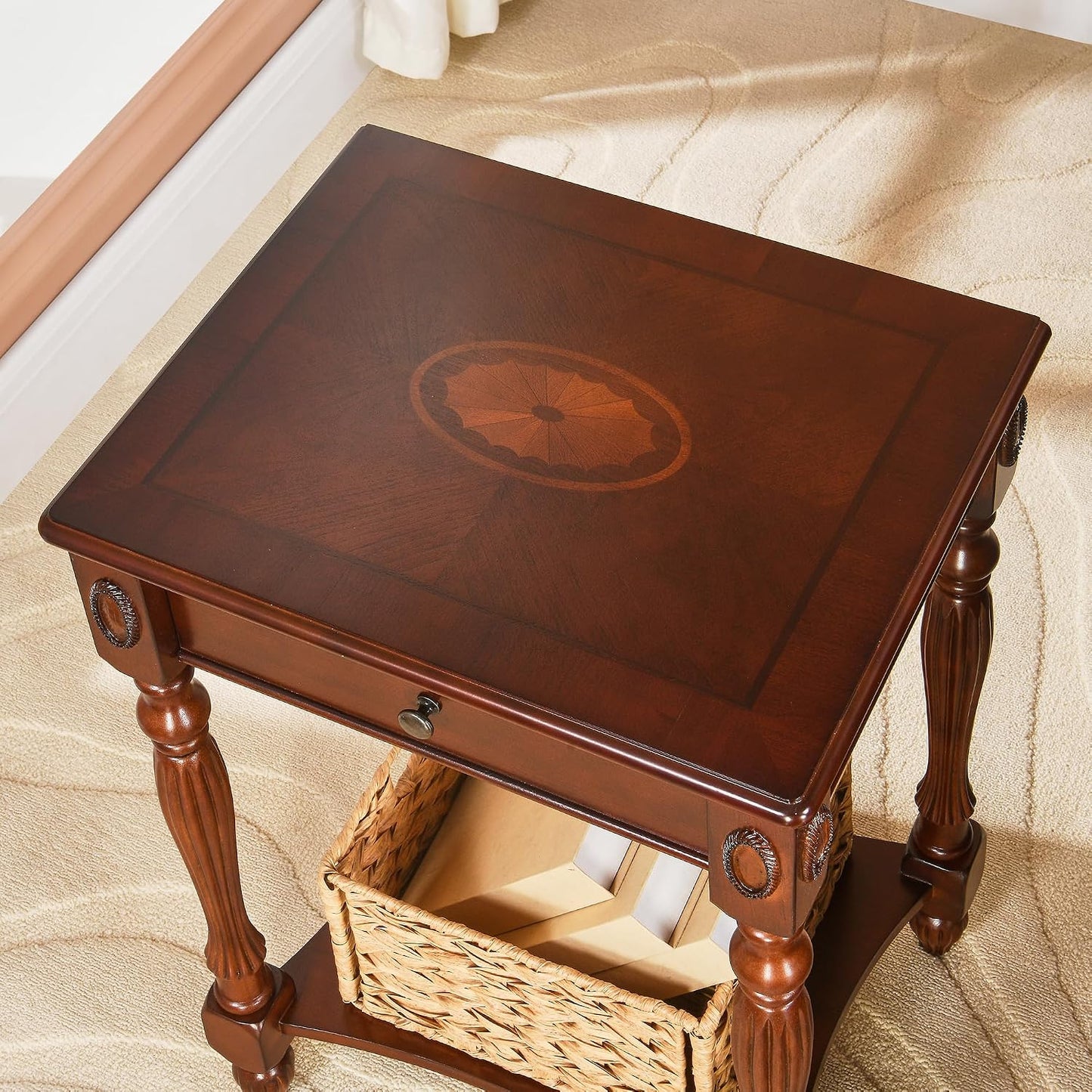 Victorian Solid Wood End Table Cherry Walnut Nightstand with Drawer and Storage Shelf
