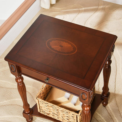 Victorian Solid Wood End Table Cherry Walnut Nightstand with Drawer and Storage Shelf
