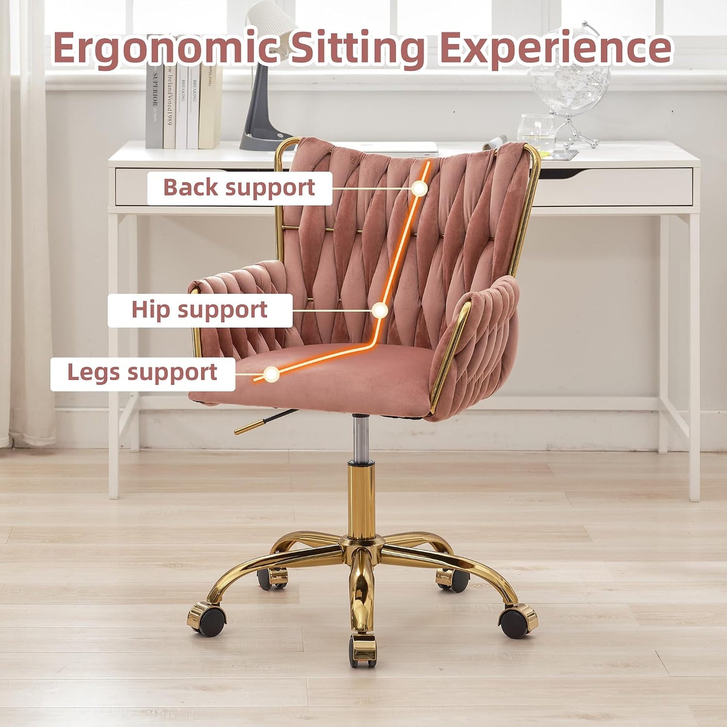 Rose Pink Velvet Vanity Chair Gold Swivel Rolling Office Chair with Wheels