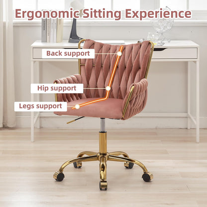 Rose Pink Velvet Vanity Chair Gold Swivel Rolling Office Chair with Wheels