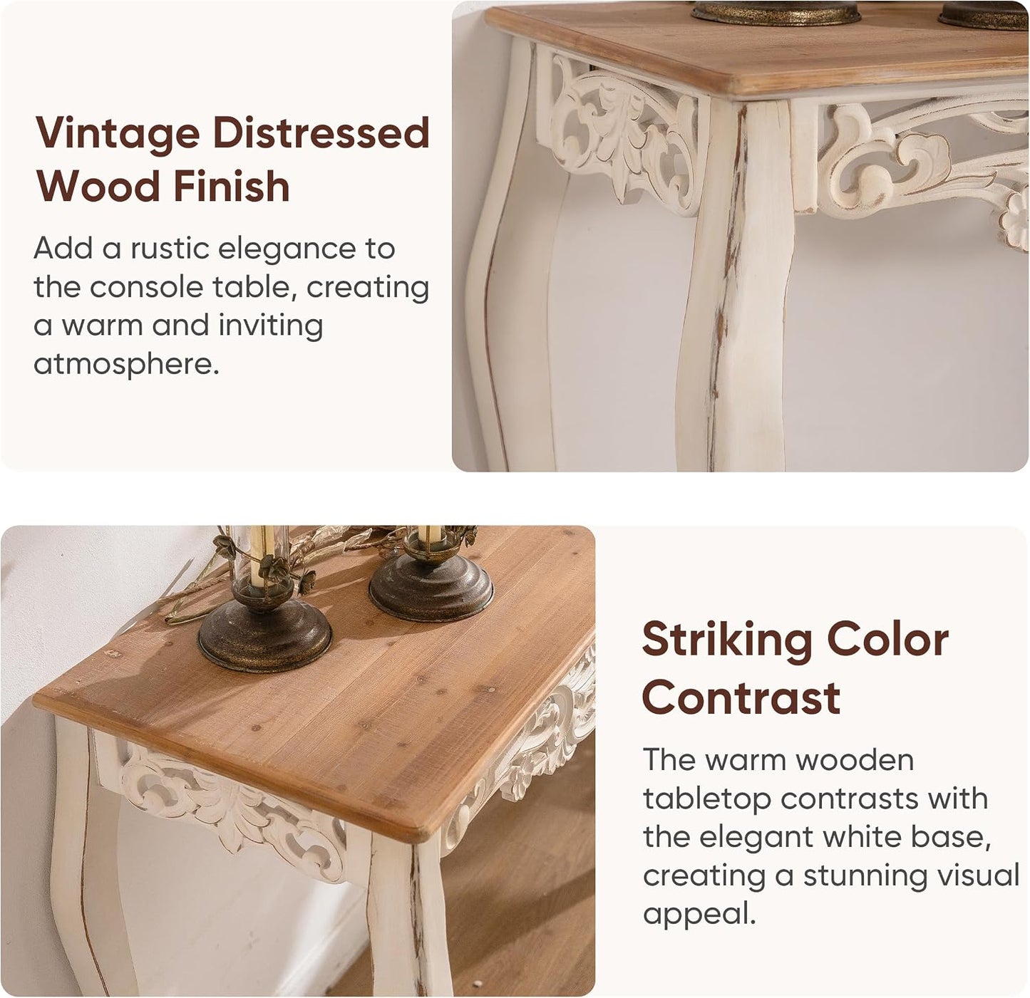 French Country Console Table Antique White Carved Wood Entryway Sofa Table