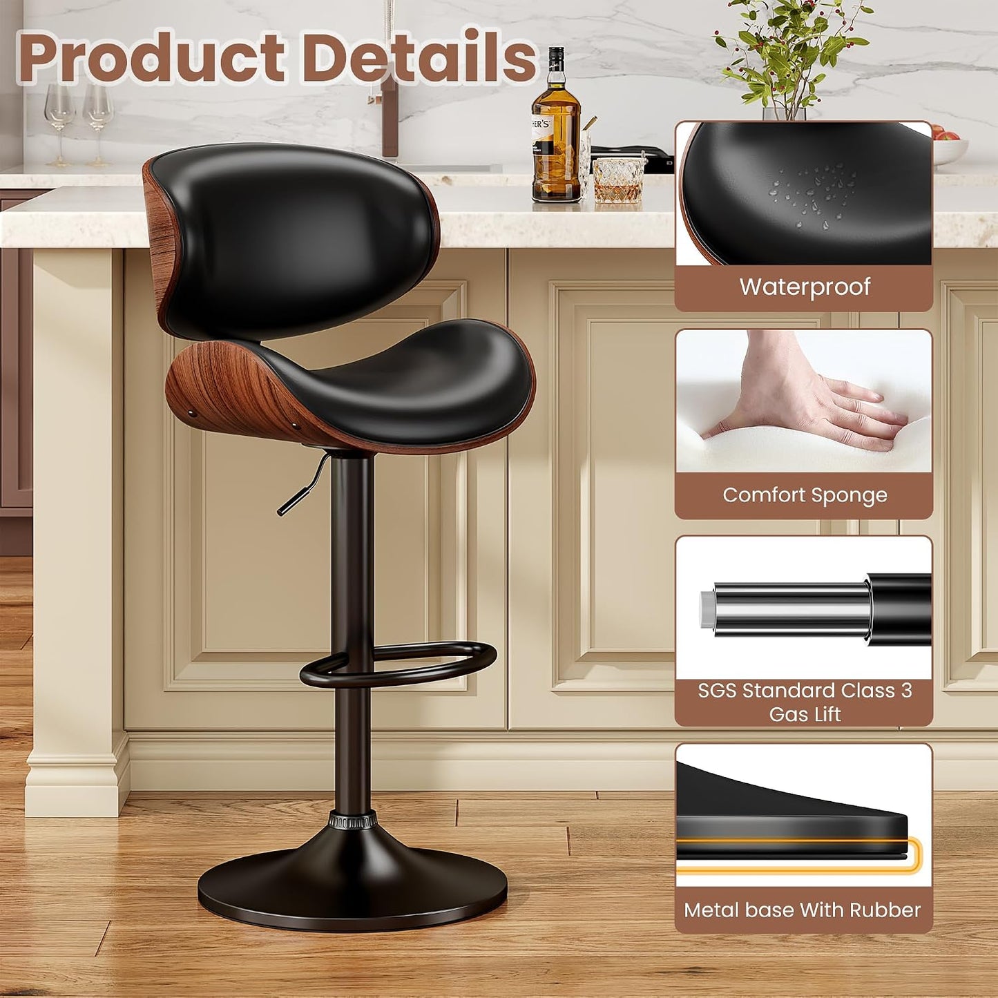 Adjustable Swivel Bar Stool Black PU Leather Walnut Bentwood Counter Chair