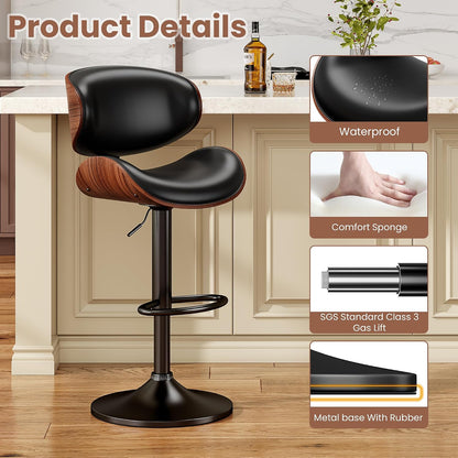 Adjustable Swivel Bar Stool Black PU Leather Walnut Bentwood Counter Chair