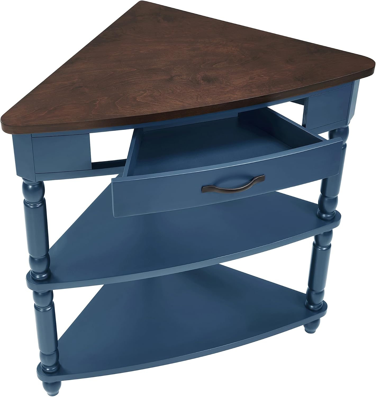 Wood Triangle Corner Table with Drawer and 2 Storage Shelves Navy Blue