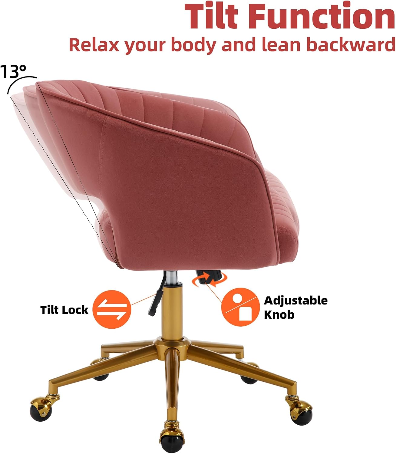Red Velvet Swivel Desk Chair Adjustable Vanity Chair with Gold Base and Wheels