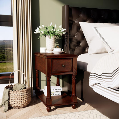 Solid Wood Narrow Nightstand with Drawer Cherry Brown Bedside End Table
