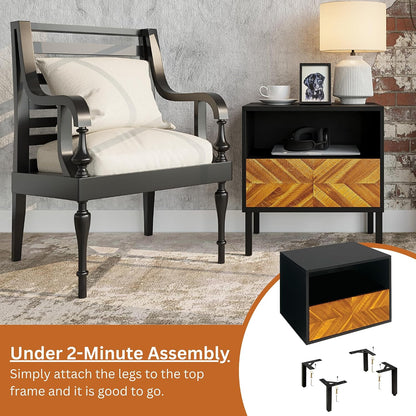 Solid Wood Herringbone Nightstand with Drawer & Open Shelf