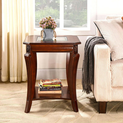 Solid Wood Square End Table with Glass Top and Storage Shelf