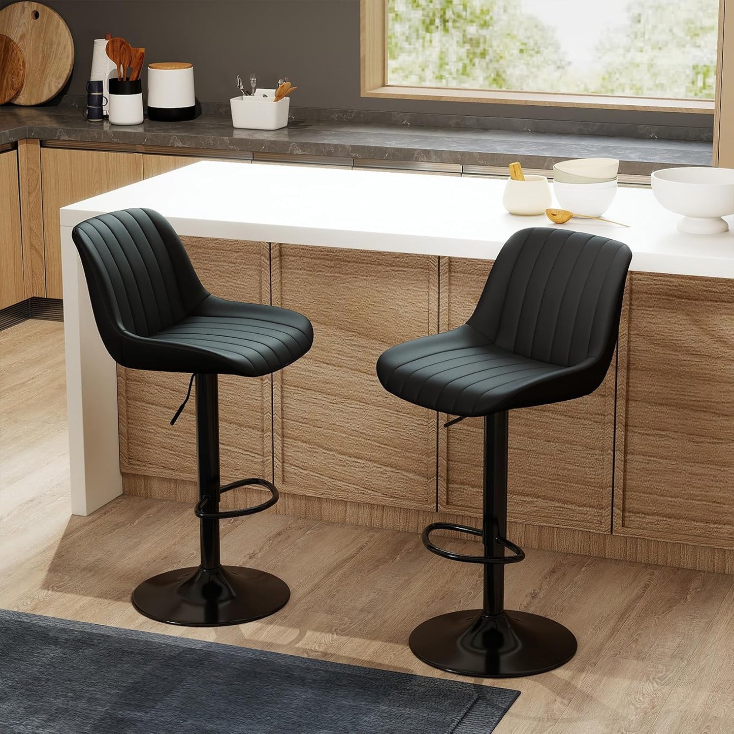 Adjustable Swivel Bar Stool Black Faux Leather Counter Height Metal Base