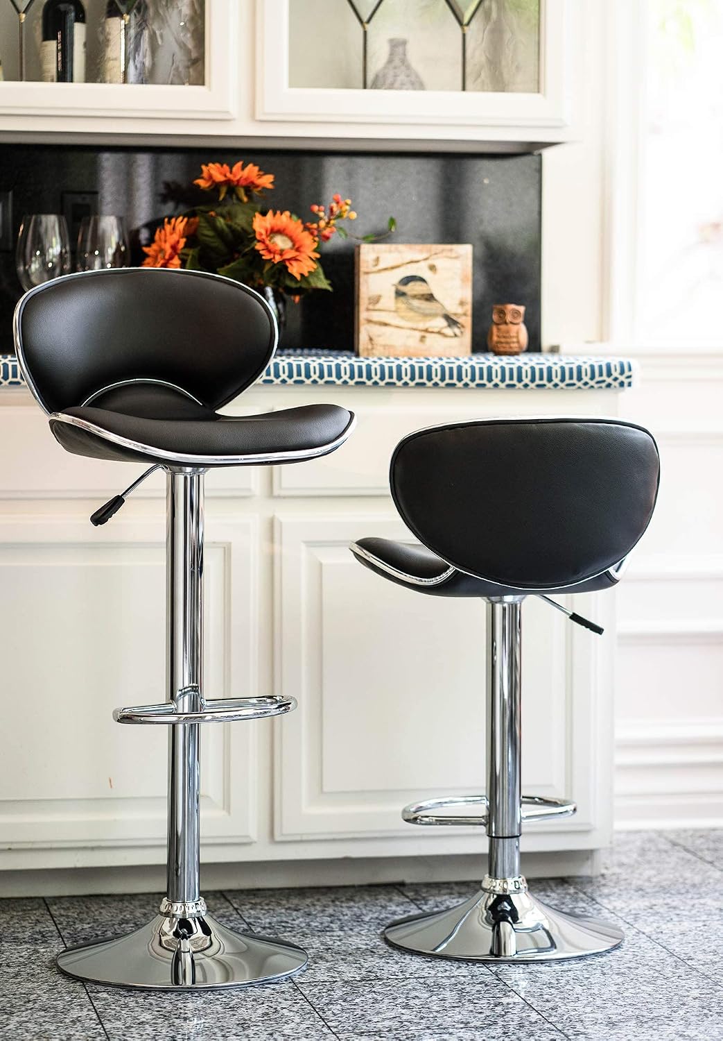 Blue Adjustable Bar Stools Set of 2 Modern Swivel Faux Leather Counter Chairs