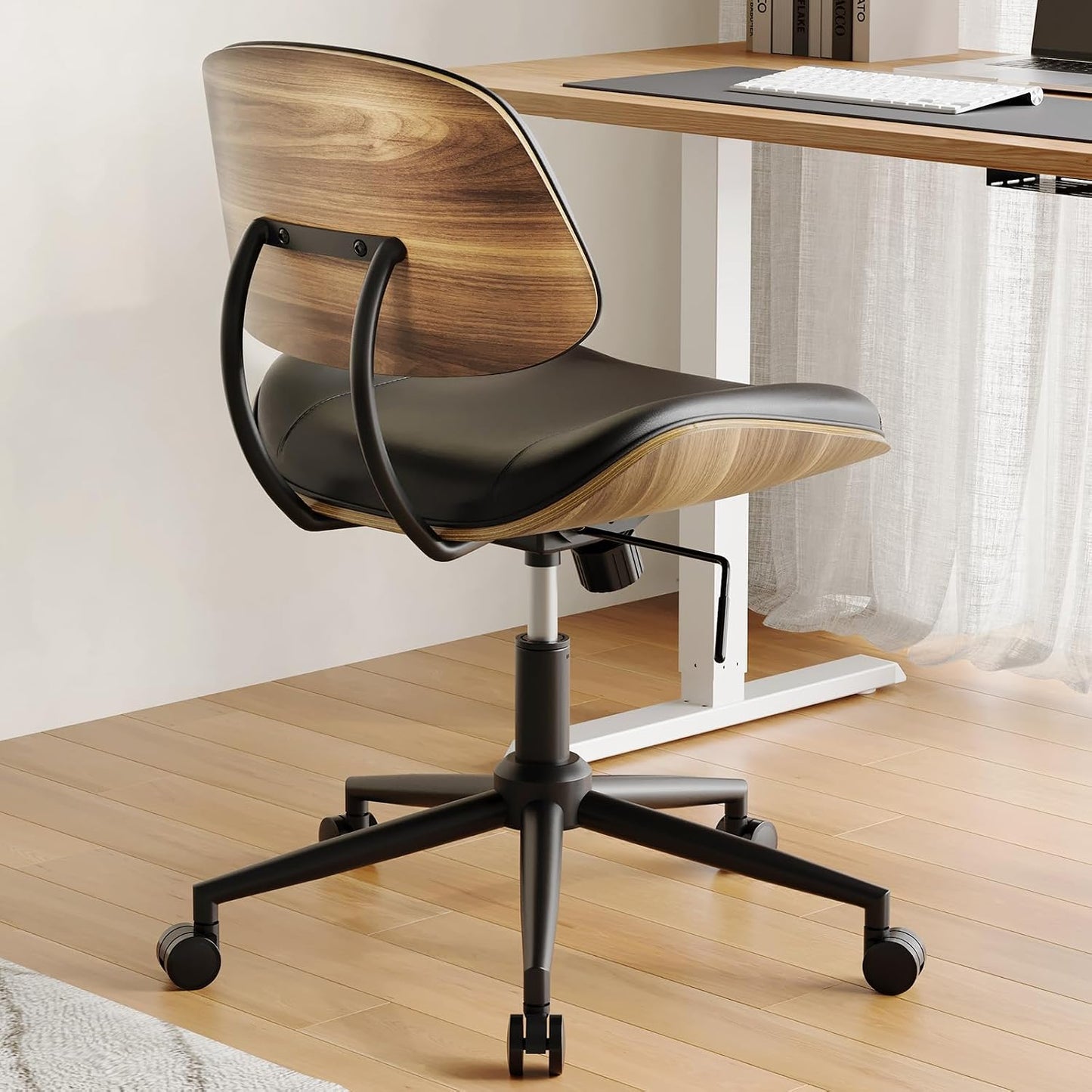 Black PU Leather Office Chair Armless Swivel Desk Chair with Walnut Back and Wheels