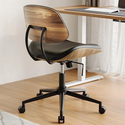 Black PU Leather Office Chair Armless Swivel Desk Chair with Walnut Back and Wheels