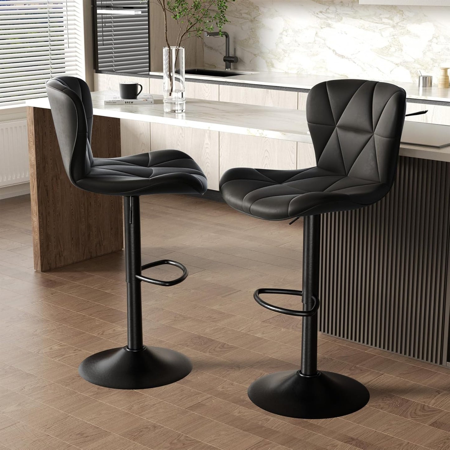 Black Swivel Bar Stools Set of 2 Adjustable Faux Leather Kitchen Chairs