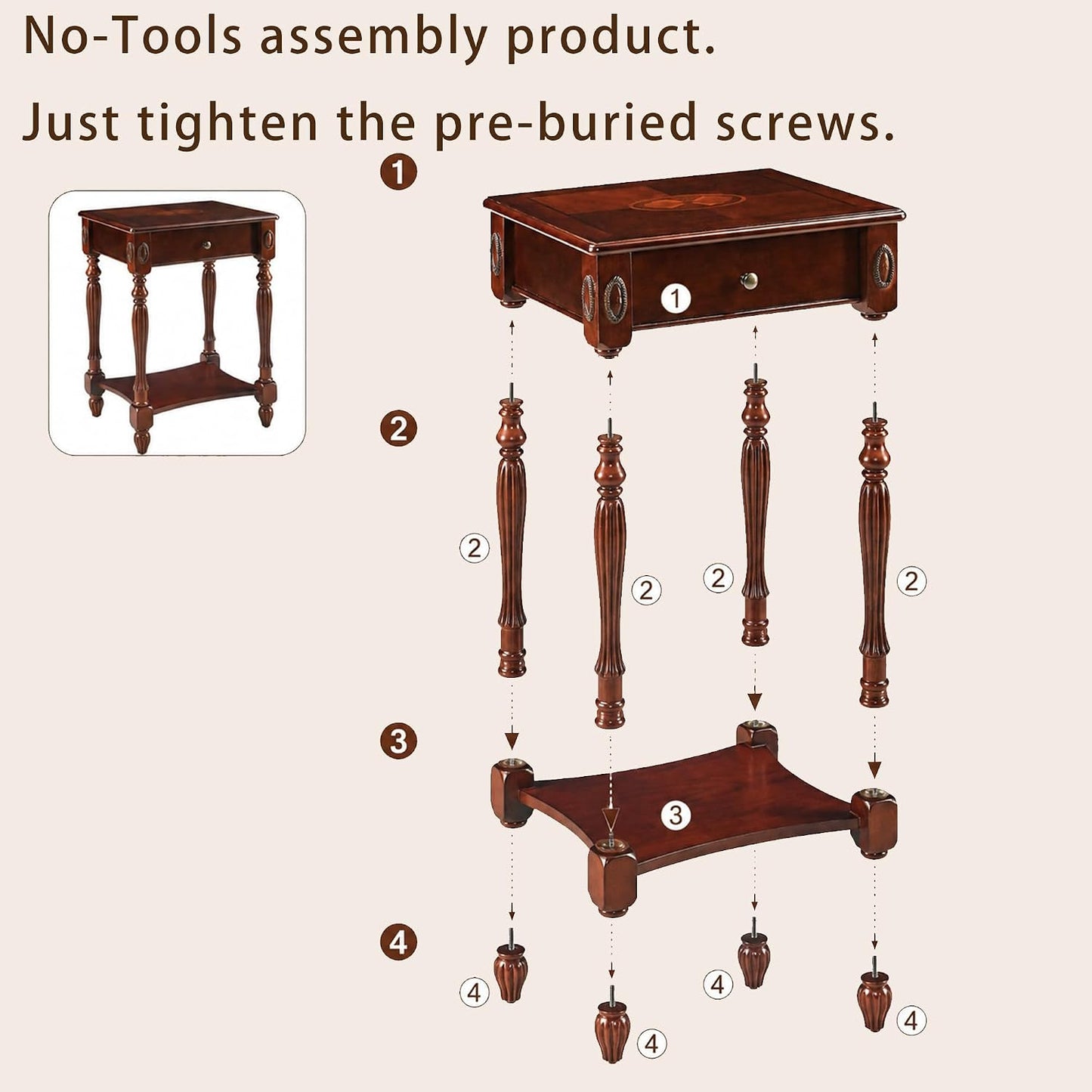 Victorian Solid Wood End Table Cherry Walnut Nightstand with Drawer and Storage Shelf