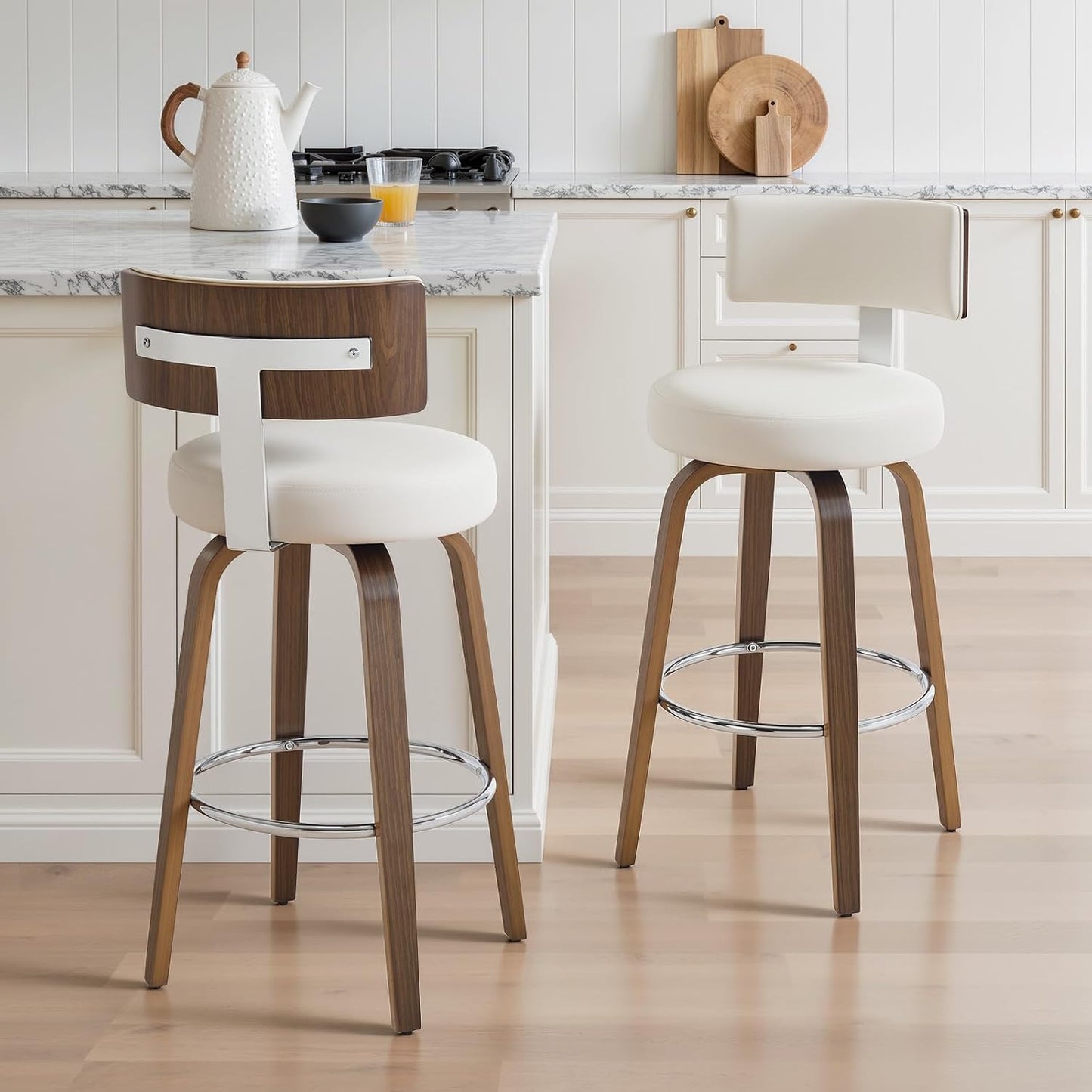 White Swivel Counter Stools Set of 2 Walnut Kitchen Island Chairs