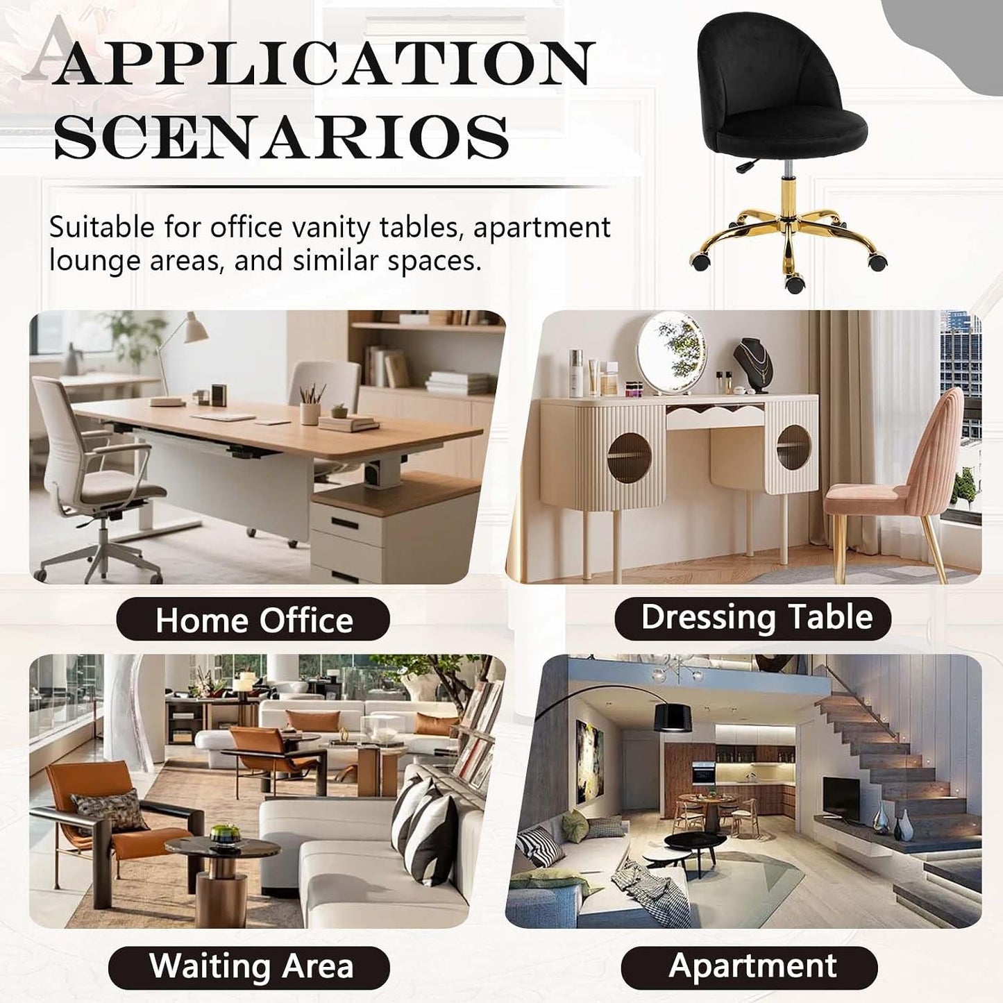 Black Velvet Vanity Chair Gold Base Adjustable Swivel Rolling Desk Chair