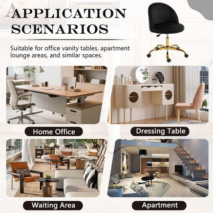Black Velvet Vanity Chair Gold Base Adjustable Swivel Rolling Desk Chair