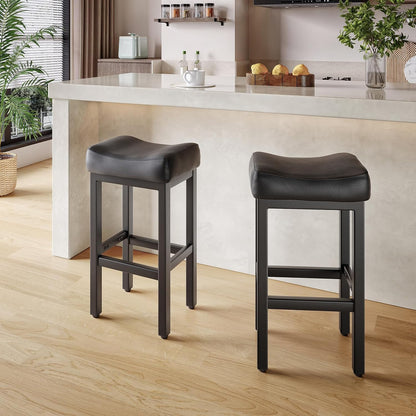 Black Bar Height Stools Set of 2 Upholstered Saddle Kitchen Seats