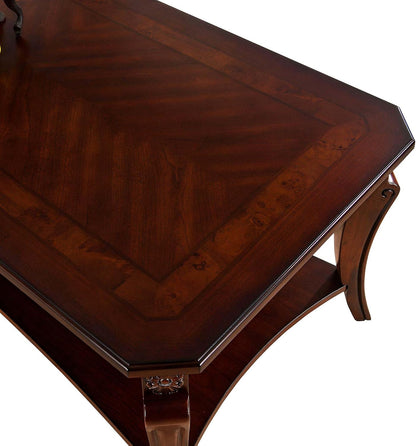 Solid Wood Coffee Table Cherry Brown with Storage Shelf Traditional Farmhouse Table