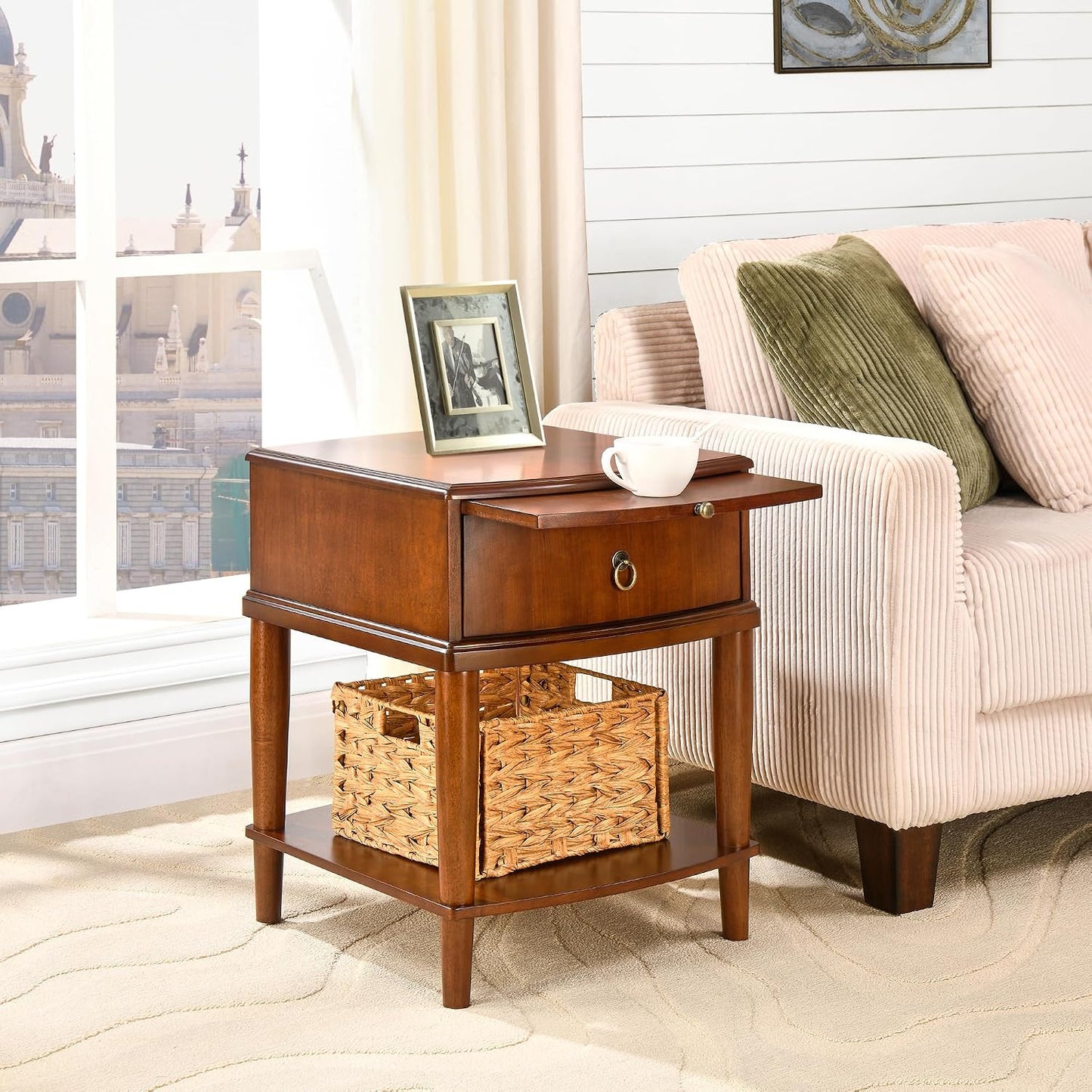 Solid Wood End Table with Drawer Pull Out Tray and Storage Shelf
