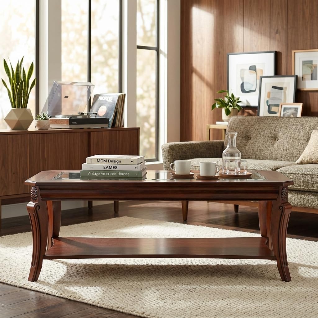 Solid Wood Glass Top Coffee Table Cherry Brown with Storage Shelf Classic Farmhouse Table