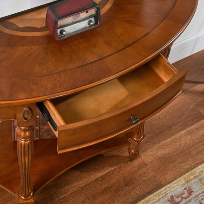 Solid Wood Demi Lune Console Table with Drawer and Storage Shelf