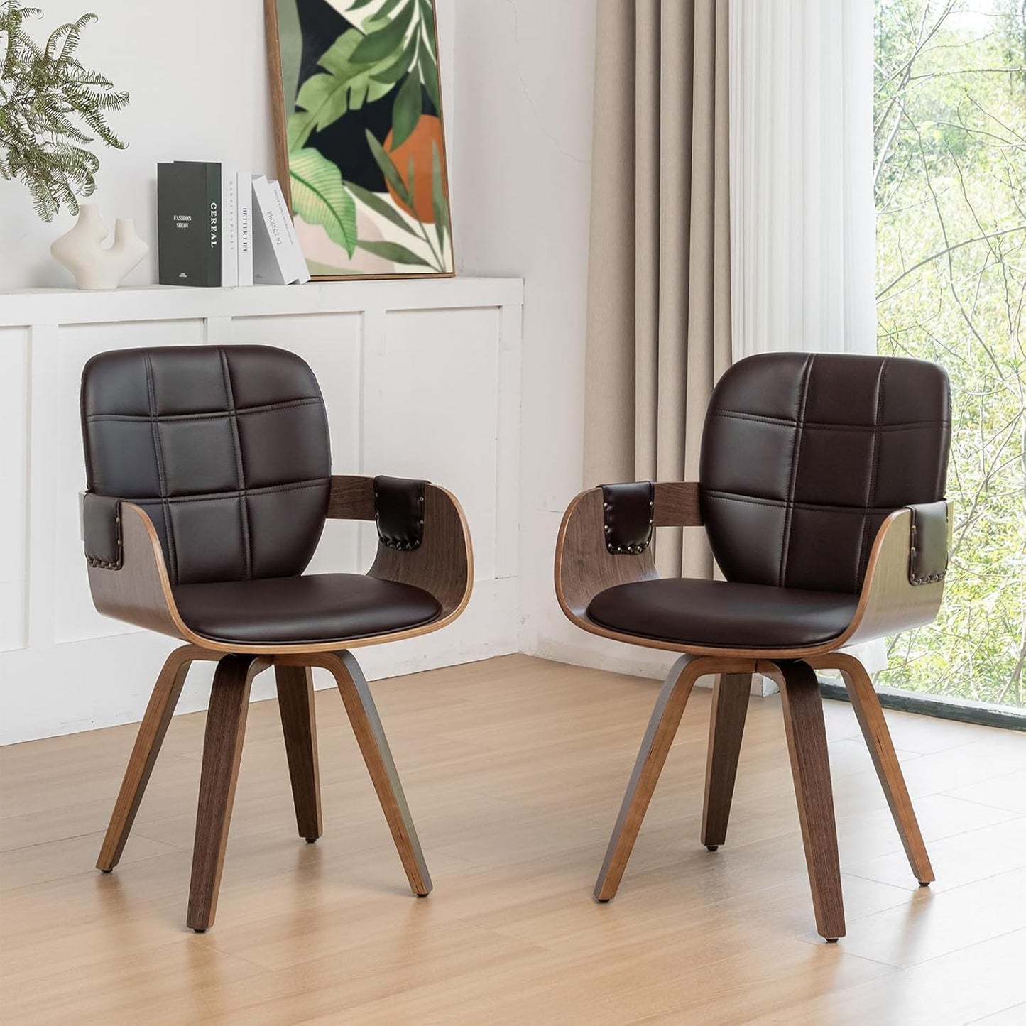 Walnut Brown Swivel Dining Chair with Arms Faux Leather Mid Century Chair