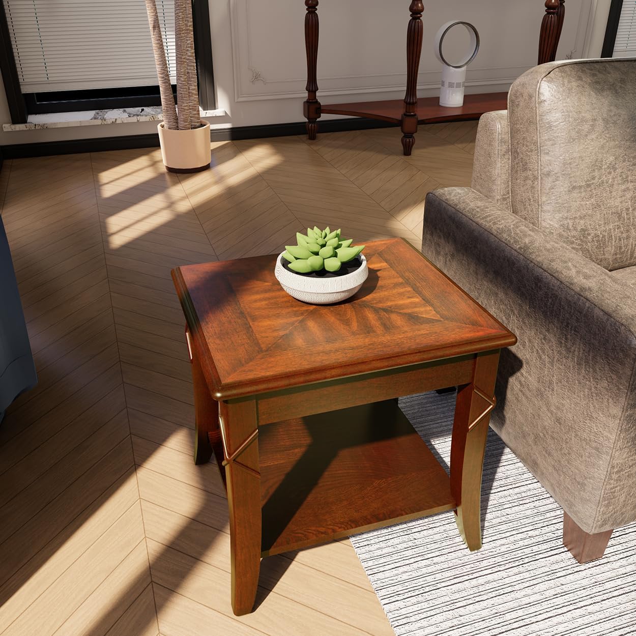 Solid Wood Square End Table with Lower Storage Shelf Cherry Walnut