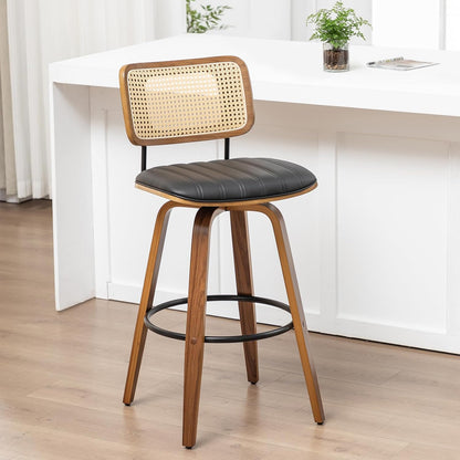 Walnut Rattan Swivel Bar Stool Cane Back Beige Faux Leather 30 Inch