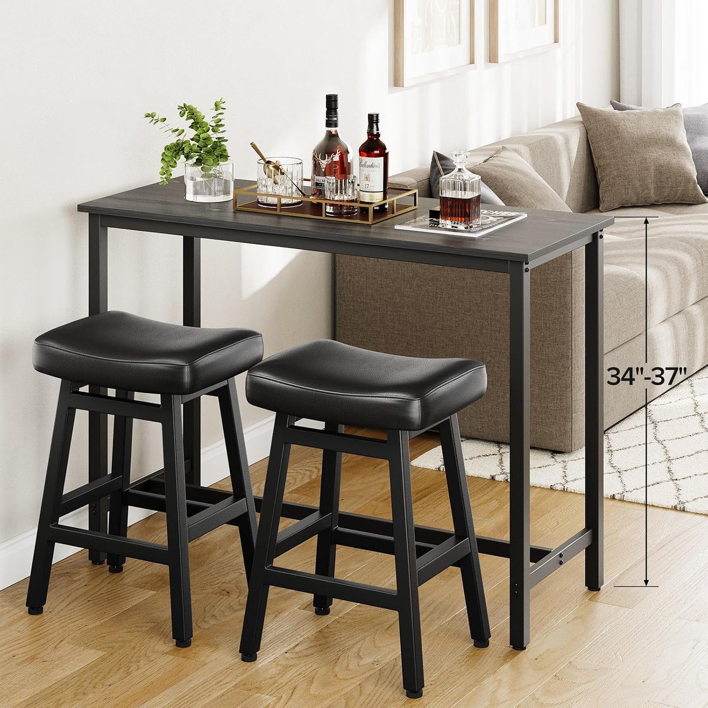 24 Inch Black Counter Height Bar Stools Set of 2 Bonded Leather Saddle Seats