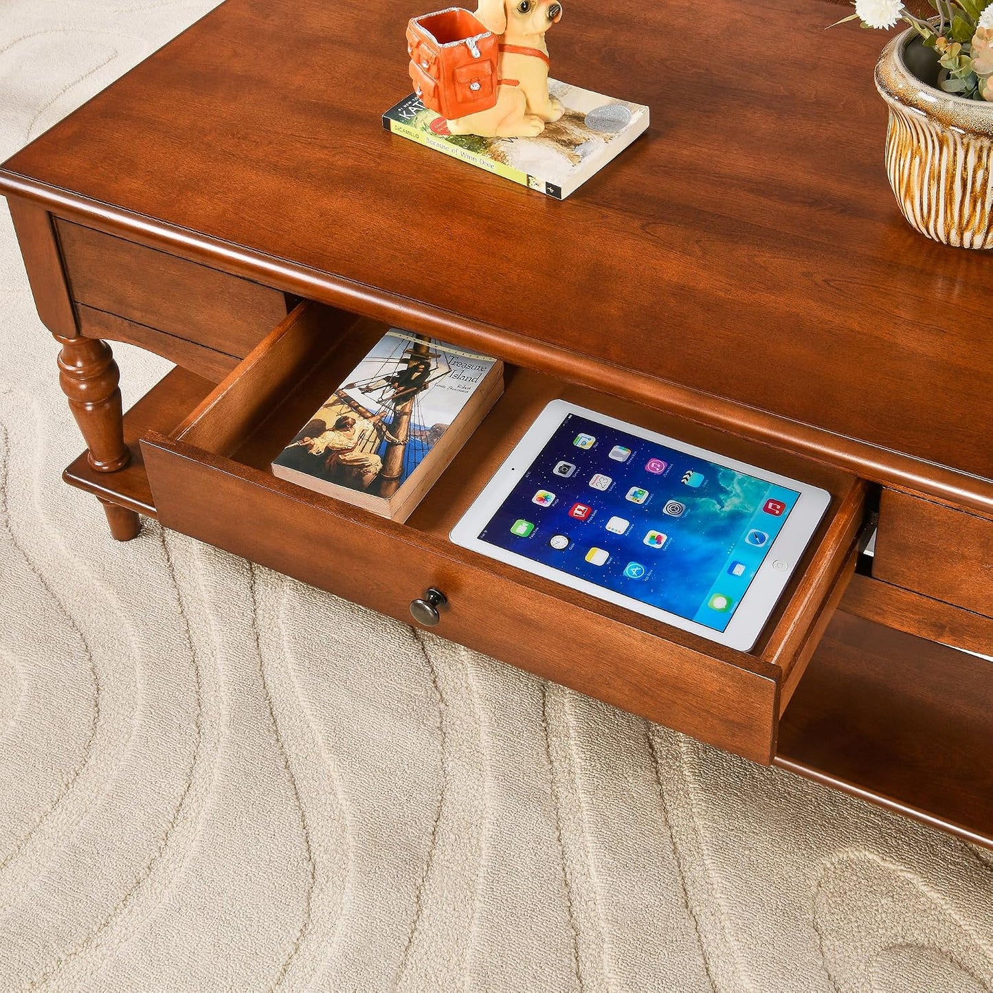 Solid Wood Coffee Table with Drawer Cherry Walnut Storage Shelf Vintage Center Table