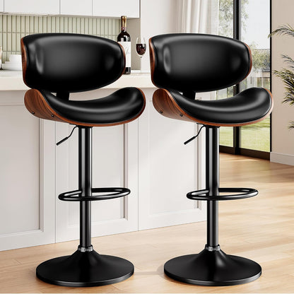 Adjustable Swivel Bar Stool Black PU Leather Walnut Bentwood Counter Chair