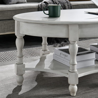 Victorian Oval Solid Wood Coffee Table with Drawer Grey White Storage Table