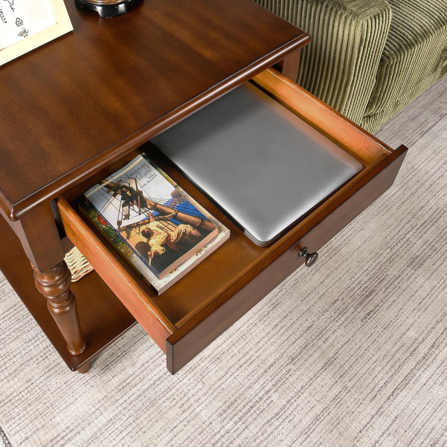 Large Solid Wood End Table Caramel Brown with Drawer and Storage Shelf