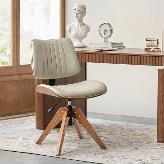 Sage Faux Leather Swivel Desk Chair Adjustable Height Wood Legs Mid Century
