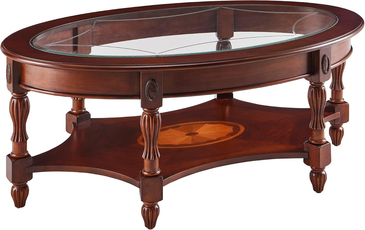 Victorian Oval Solid Wood Coffee Table with Glass Top Cherry Walnut