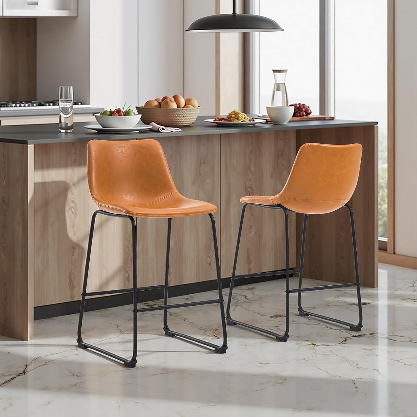 Brown Counter Height Bar Stools Set of 2 Upholstered Kitchen Chairs