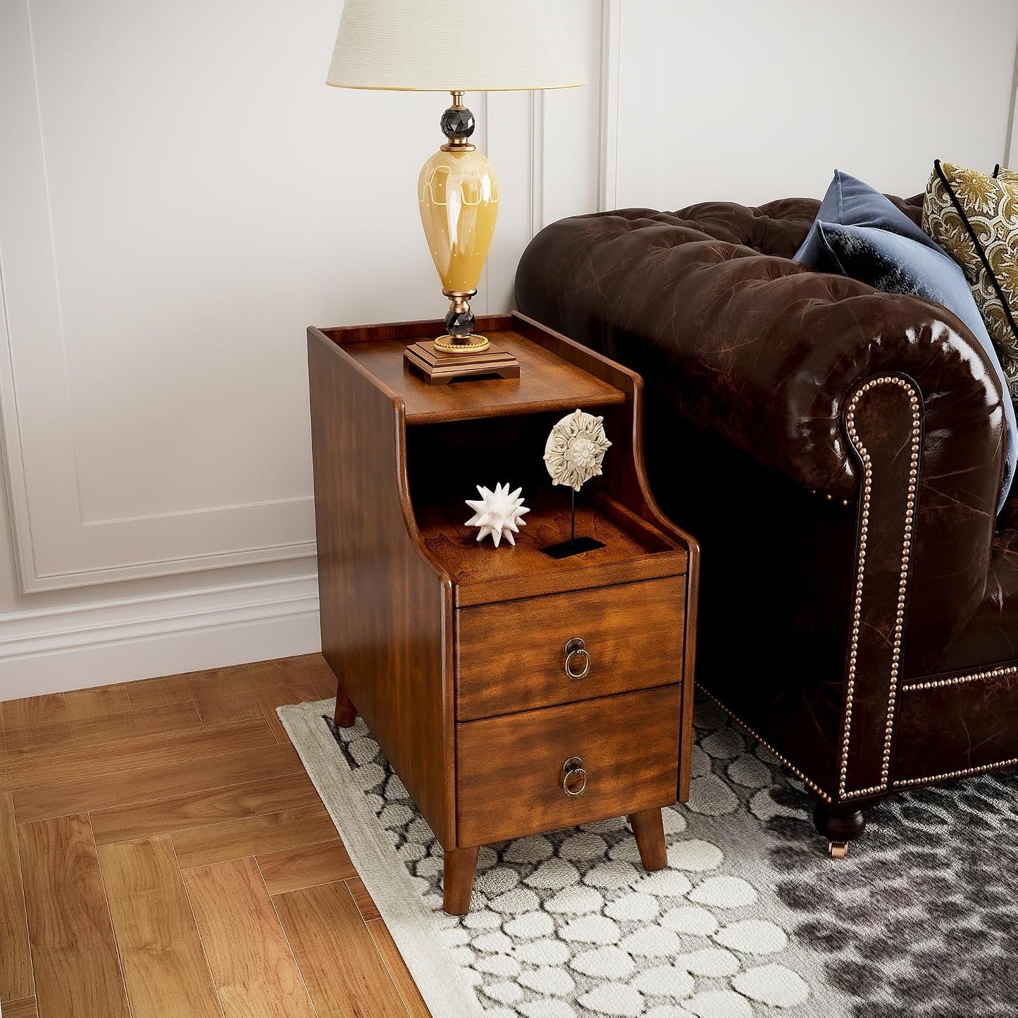 Solid Wood Narrow End Table with 2 Drawers Pull Out Tray