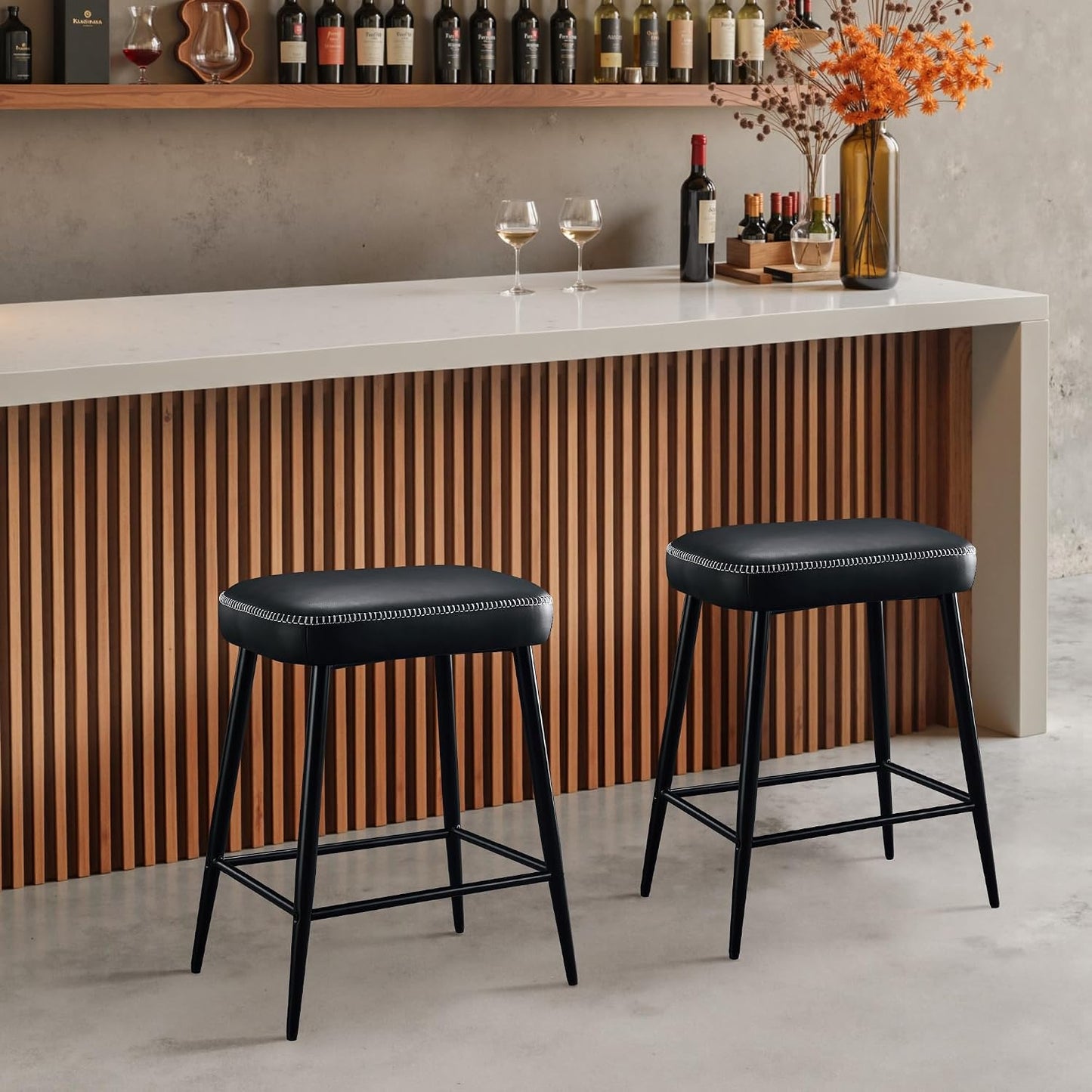 Black Counter Height Bar Stools Set of 2 Upholstered Saddle Seats