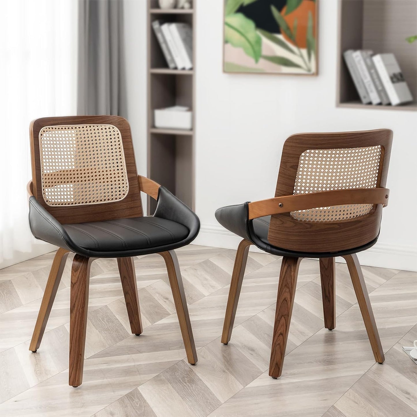 Walnut Rattan Dining Chair with Cane Back Black Upholstered Seat and Arms