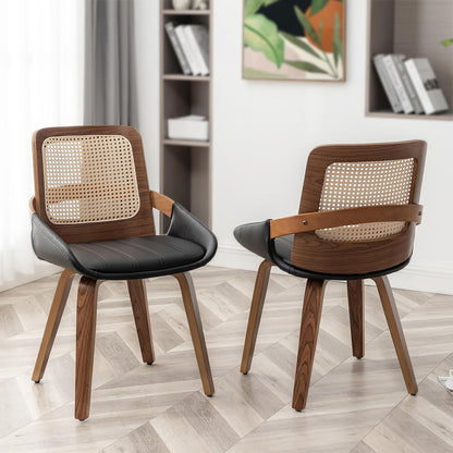 Walnut Rattan Dining Chair with Cane Back Black Upholstered Seat and Arms