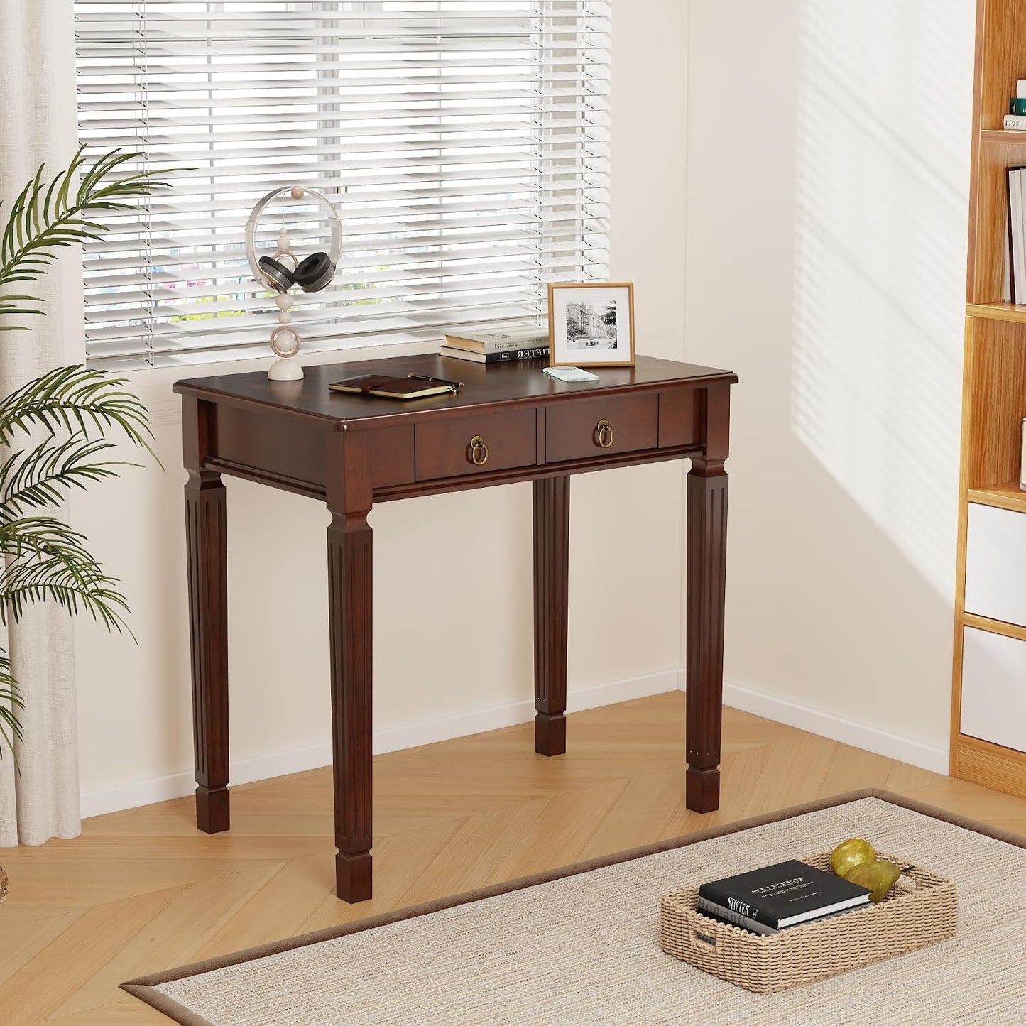 Cherry Walnut Writing Desk with Drawers Mid Century Wood Vanity Table