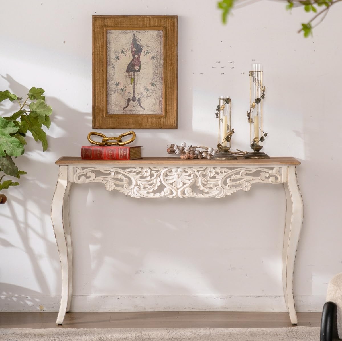 French Country Console Table Antique White Carved Wood Entryway Sofa Table