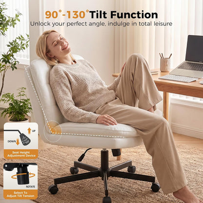 Beige Criss Cross Office Chair Wide Seat Swivel Rolling Vanity Desk Chair