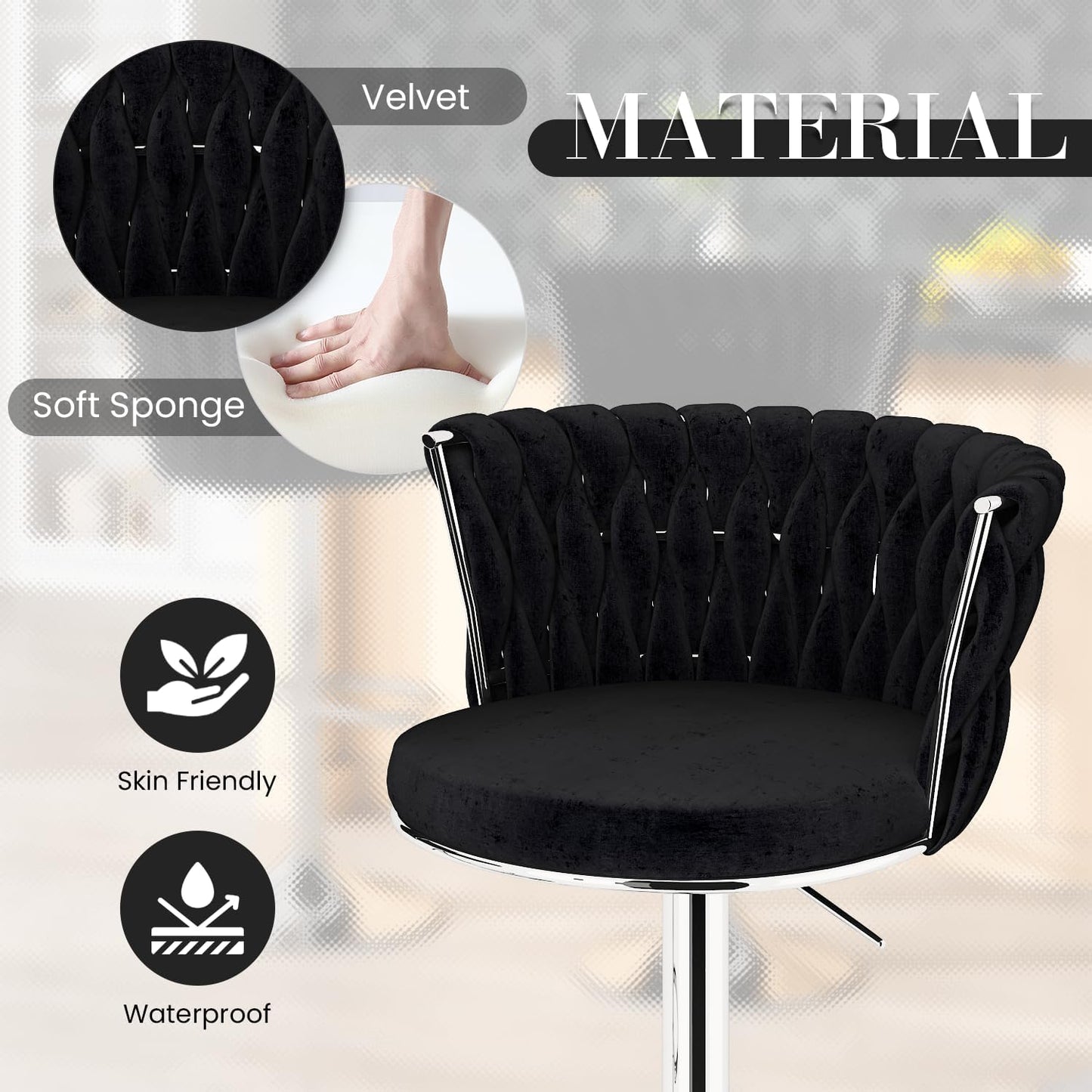 Black Velvet Swivel Bar Stools with Tufted Back Adjustable Height Set of 2