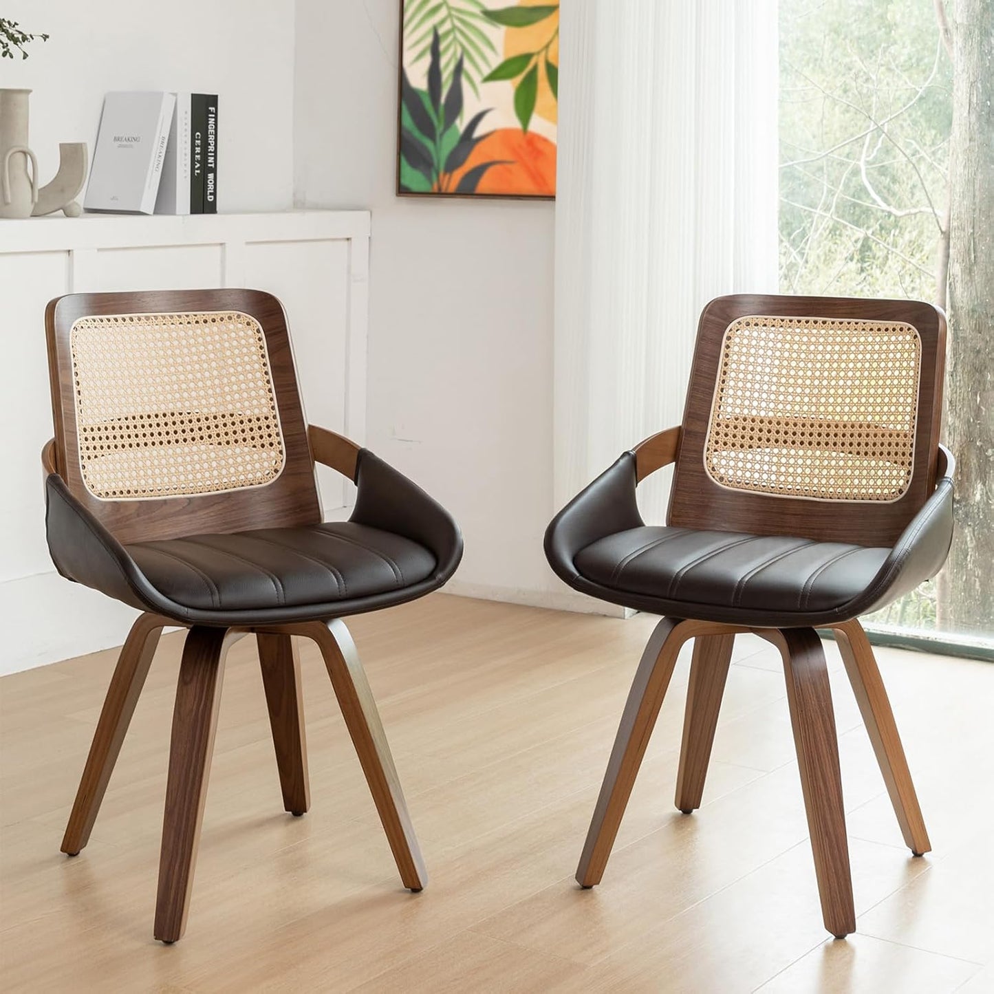 Walnut Cane Swivel Dining Chairs with Arms Black Faux Leather Set of 2