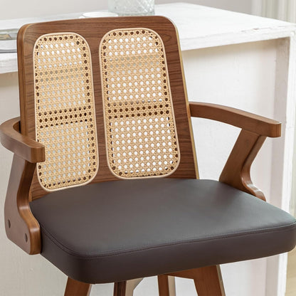 Walnut Rattan Swivel Counter Stool with Arms Green Upholstered Seat