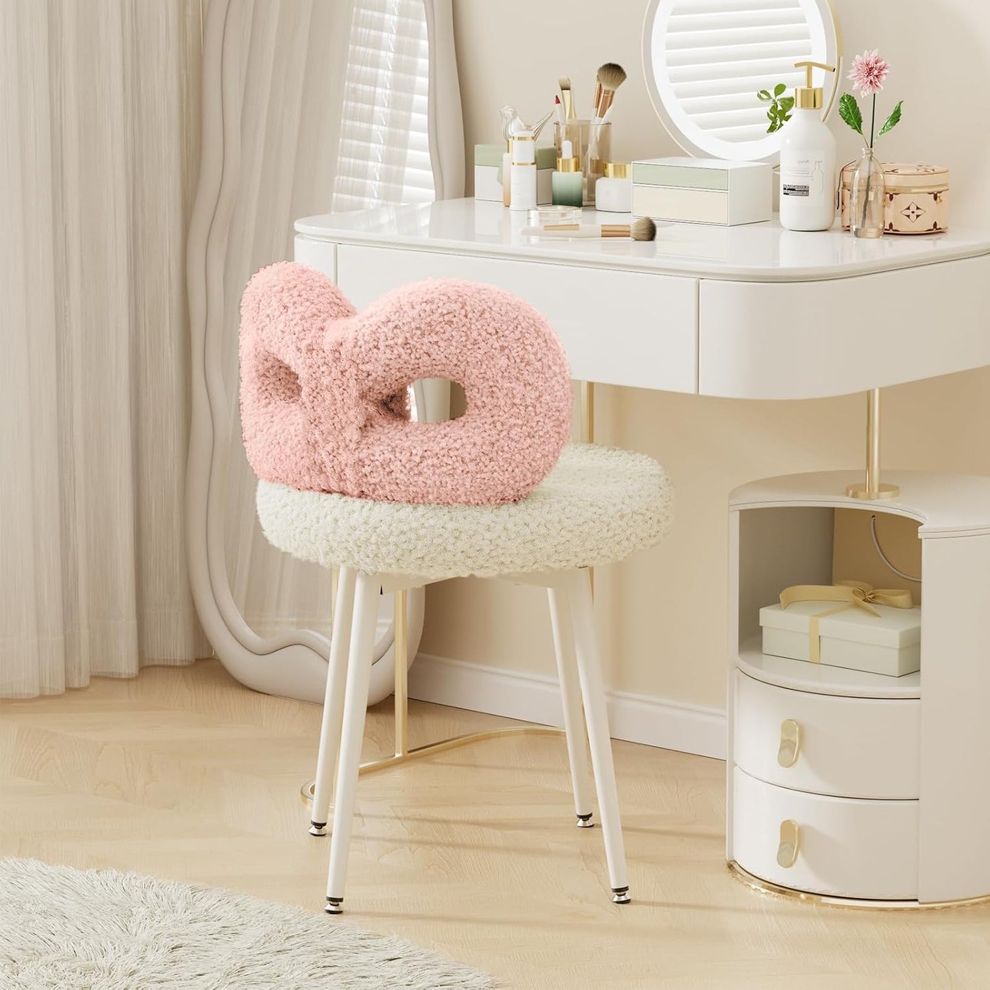 Pink Bow Vanity Chair Swivel Upholstered Makeup Chair with Metal Legs