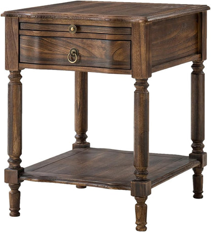 Walnut Spindle End Table with Drawer Charging Station and Pull Out Shelf