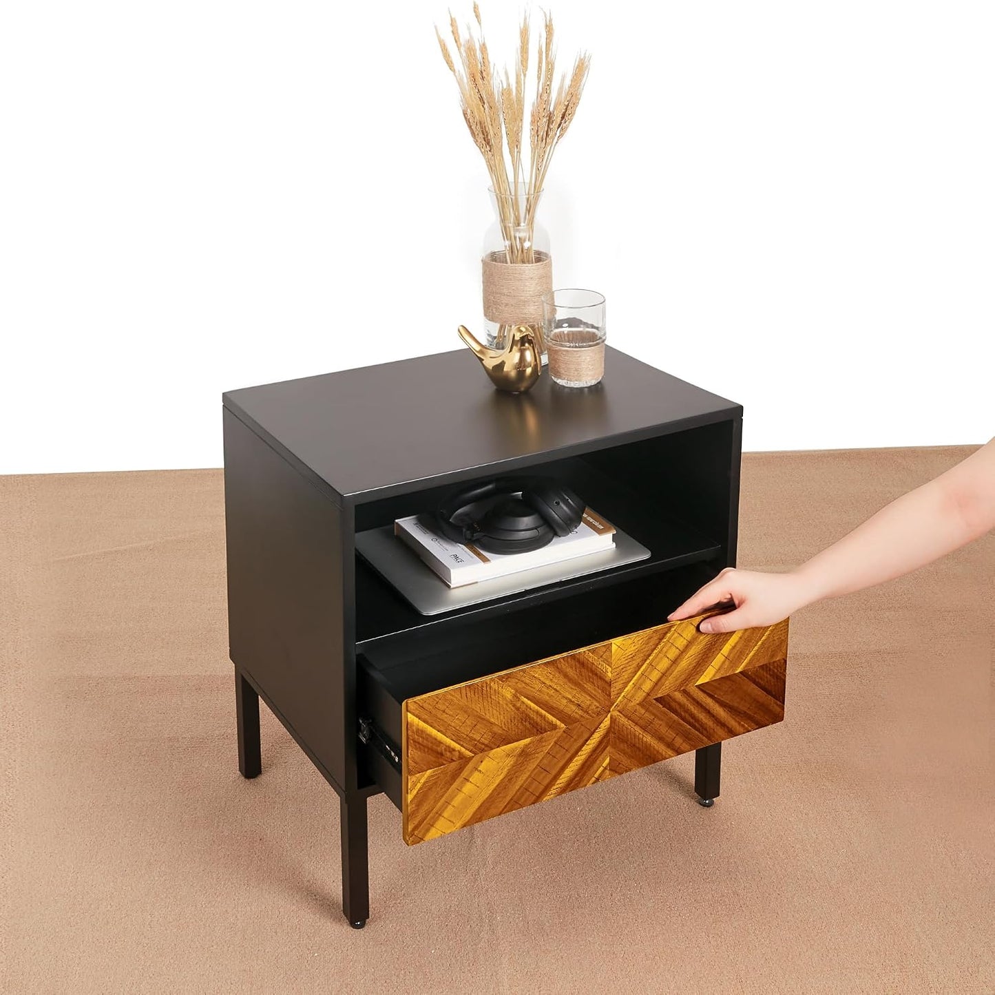Solid Wood Herringbone Nightstand with Drawer & Open Shelf
